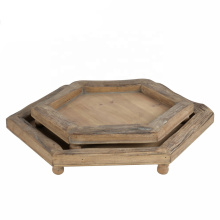 Mayco Vintage Wooden Serve Tray Hexagon Shape Wood 2 Piece Tray Set